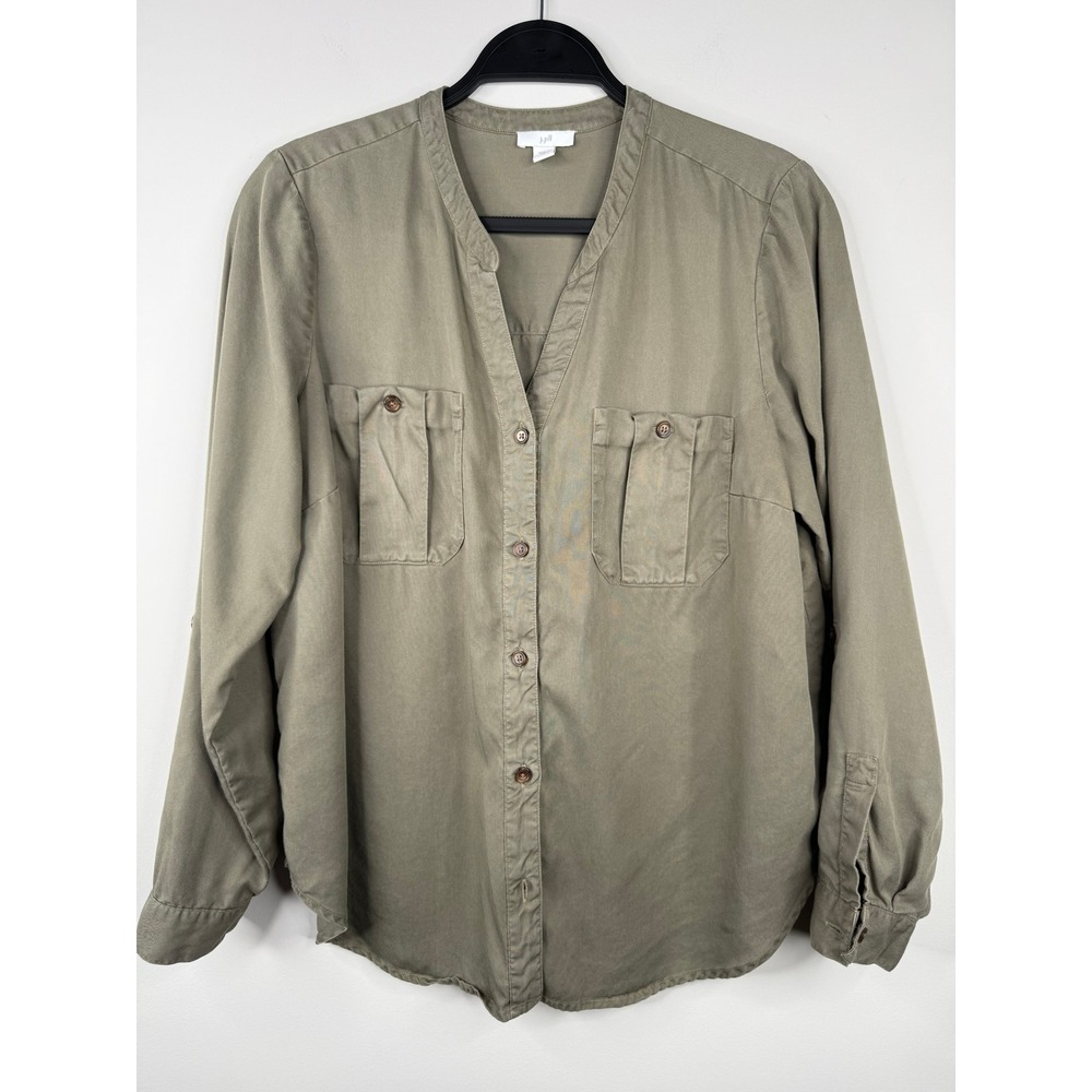 J. Jill Olive Green Tencel Lyocell Utility Blouse Small Long Sleeve Button Front